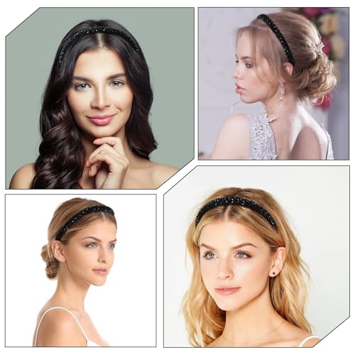 Bremorou Black Rhinestone & Pearl Headband, 4-Row Thin Beaded Hairband for Women