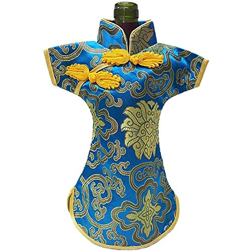 Blue Chinese Brocade Wine Bottle Cover Set - Christmas Holiday Party Decor