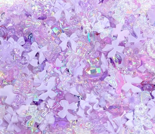 3D Nail Charms Resin Art Gems Multi Shapes Butterfly Flower Bow Purple 100Pcs