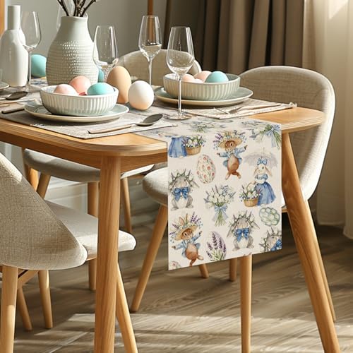 Easter Table Runner 13x72 Inch - Rabbit & Flower Design for Spring Decor