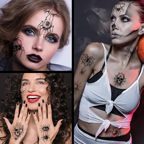 Konsait 30 Sheets Skeleton Spider Temporary Tattoos for Halloween Makeup