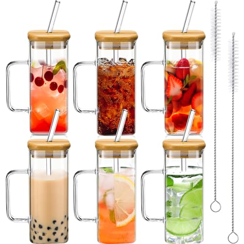 Square Glass Cups with Bamboo Lids & Straws - 16 oz, Set of 6, Clear
