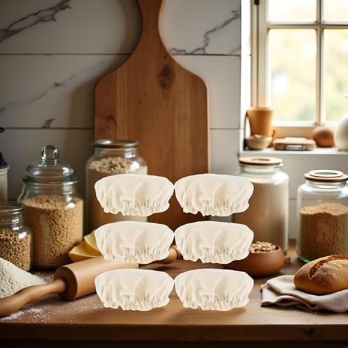 6 Beige Sourdough Starter Jar Covers - Elastic Cotton Linen Set