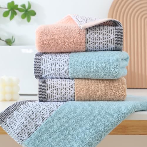 Leaf Print Hand Towels 3 Pack - Blue Beige Pink Cotton Soft