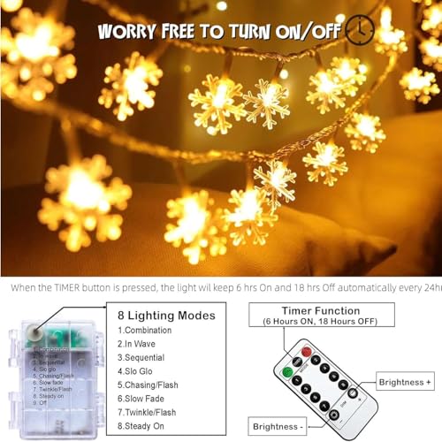 Christmas Snowflake Lights 20ft 40LED Warm White 8 Modes Battery Operated with Remote