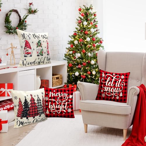 THAWAY Christmas Pillow Covers 18x18 Set of 4, Red & Black Buffalo Plaid