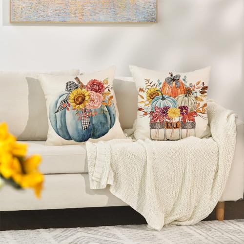 All Smiles 18x18 Fall Throw Pillow Covers Set of 4 - Pumpkin & Floral