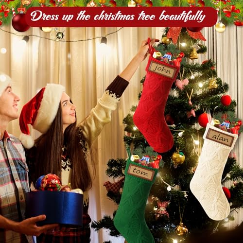 Large Christmas Stockings Set with Leather Name Tags - 18 Inch, Red Green White
