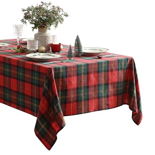Christmas Dancer Plaid Tablecloth 60 x 120 Inches Red Green Gold Holiday Decor