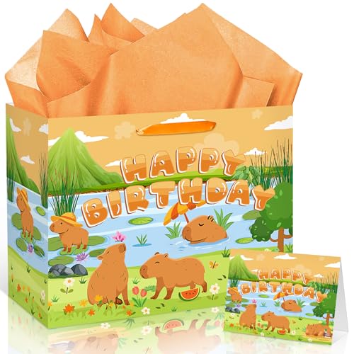 Capybara Birthday Gift Bag with Tissue Paper and Greeting Card