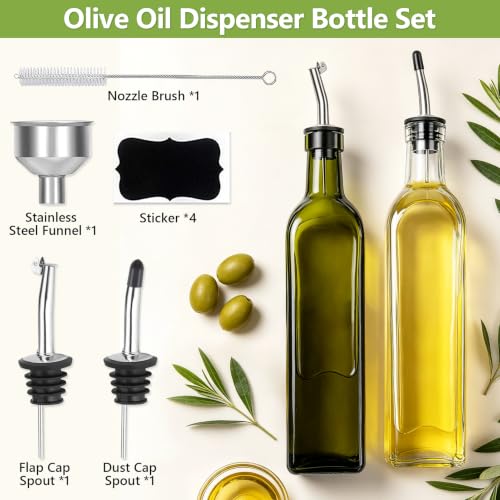 Leaflai 500ml Glass Olive Oil Dispenser Set - Transparent & Green, 2 Pack