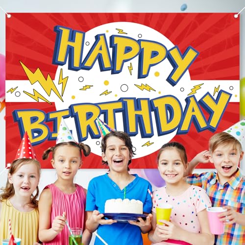 Cartoon Birthday Backdrop 5x3ft - Red, White & Yellow Party Banner