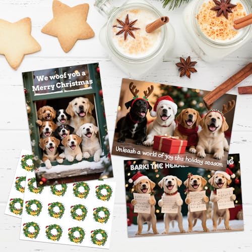 Dog Christmas Cards Set with Envelopes and Stickers - 6 Festive Designs