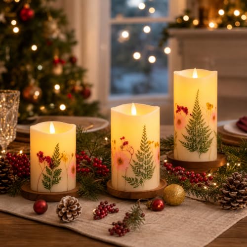 Flameless Christmas Candles Set of 3 with Pine Botanical Design & Remote Timer