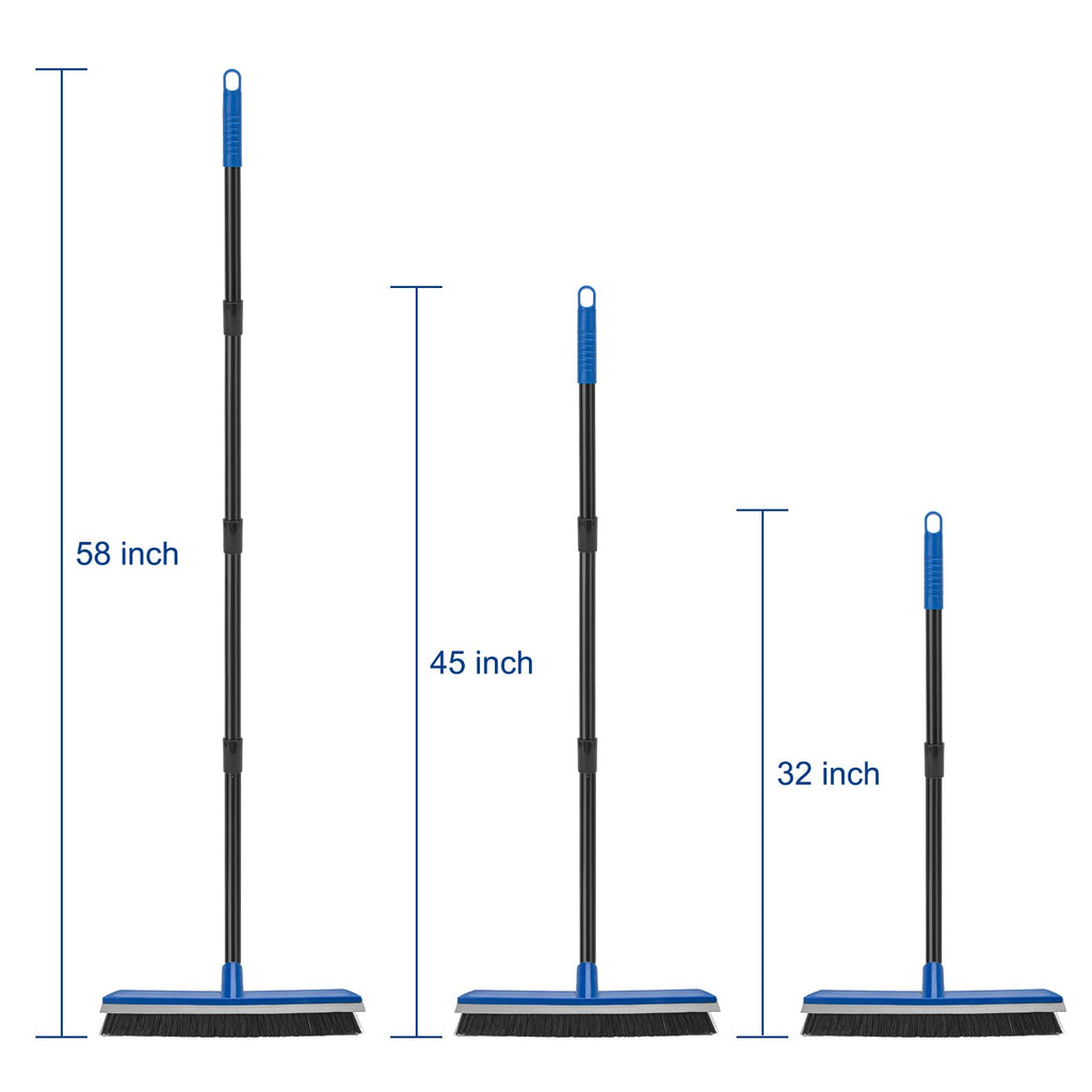 16 Inch 2-in-1 Squeegee Push Broom Outdoor Deck Brush 58" Long Handle for Patio Garage Warehouse Driveway Concrete Floor Cleaning Scrubbing(Blue)