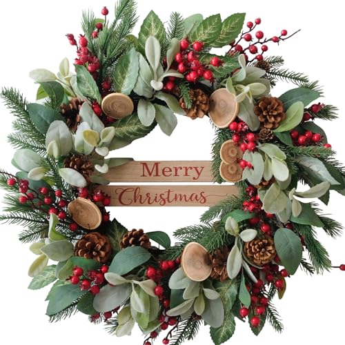 24 Inch Artificial Christmas Wreath with Pine Cones and Red Berries for Indoor Outdoor Decor