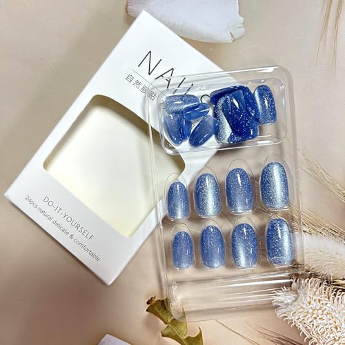 Blue Press on Nails Medium Oval Solid Color Glossy False Nails 24Pcs