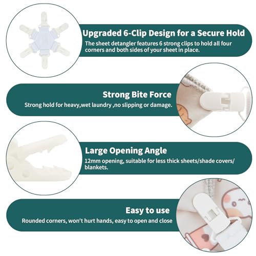 Bed Sheet Detangler with 6 Clips - White, 2 Pcs for Duvets & Blankets