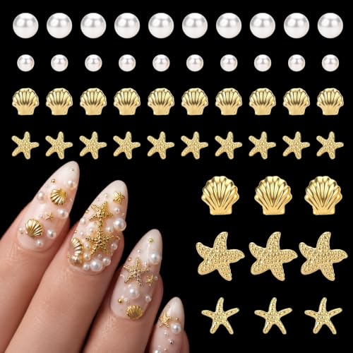 Macuezu 100 Pcs 3D Starfish & Seashell Nail Charms Flat Back Gold
