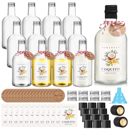Black 16oz Plastic Coquito Bottles Set with Caps and Labels - 12 Pack