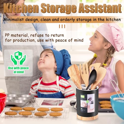Kitchen Utensil Holder with Removable Divider and Wooden Drain Base