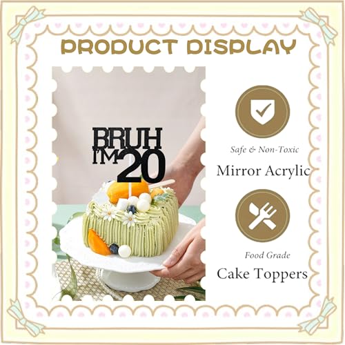 Black Glitter 20th Birthday Cake Topper - Bruh I'm 20 Decor