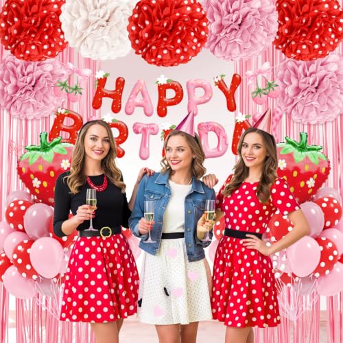 Strawberry Birthday Party Decorations Kit with Balloons & Pompoms