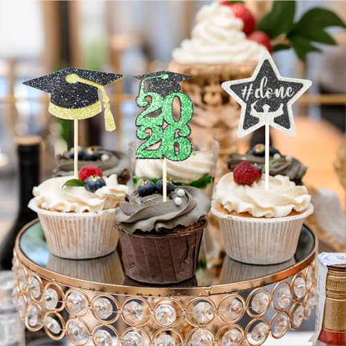 Class of 2026 Graduation Cupcake Toppers - 24PCS Black & Gold
