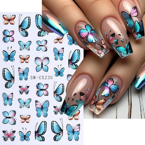 Butterfly Nail Art Stickers 3D Self-Adhesive Gold Blue Decals (6 Sheets)