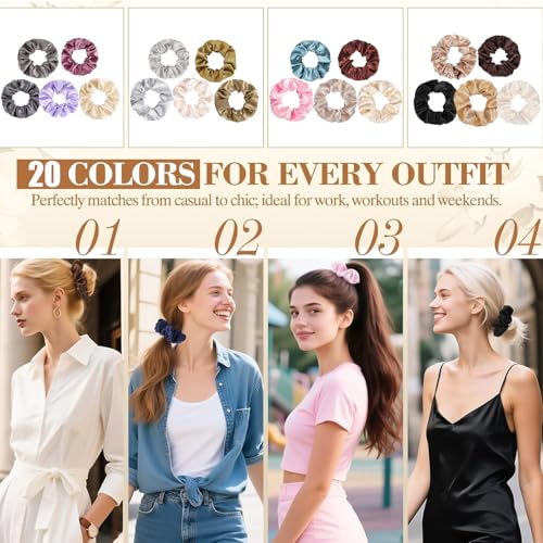 Satin Silk Hair Scrunchies 20 Pack - Soft Elastic Ponytail Holders