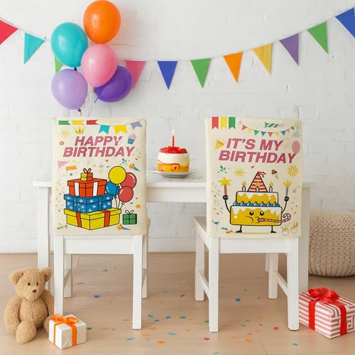 Beige 2 Pack Happy Birthday Chair Back Covers for Parties, 19.7" x 23.6" Polyester Slipcovers