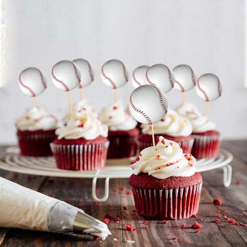 Baseball Cupcake Toppers - 24-Pack White Baseball Decorations