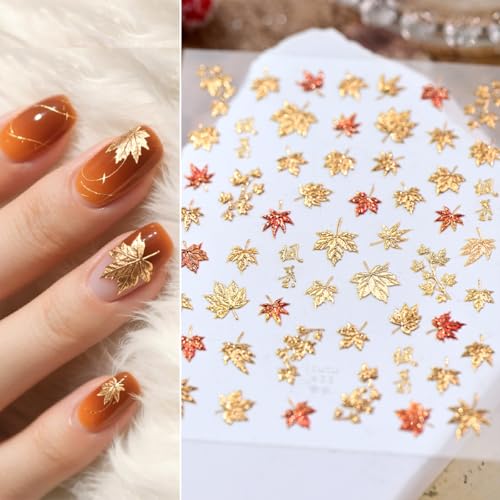 5D Embossed Autumn Maple Leaves Nail Stickers Gold Thanksgiving Decals