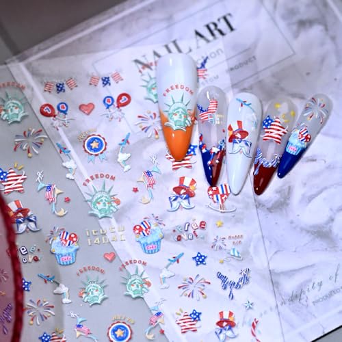 Quezadyl 3 Sheets 5D Independence Day Nail Stickers American Flag Decals