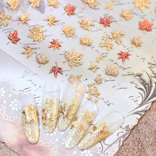 5D Embossed Autumn Maple Leaves Nail Stickers Gold Thanksgiving Decals