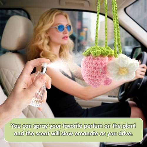 Handmade Crochet Strawberry Car Hanging Ornament - Cute Rearview Mirror Decor