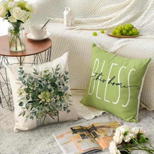Eucalyptus Leaves Green Throw Pillow Covers - Set of 4, 18x18 Inch