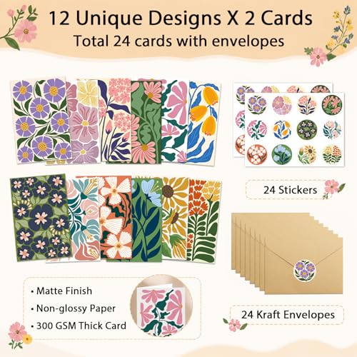 24-Pack Floral Greeting Cards Set with Envelopes & Stickers, 4x6 Inch