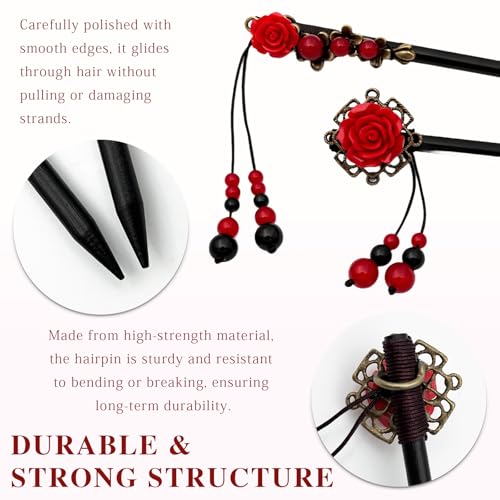 Wooden Hair Sticks 2-Piece Set - Retro Floral Bead Hairpins for Women