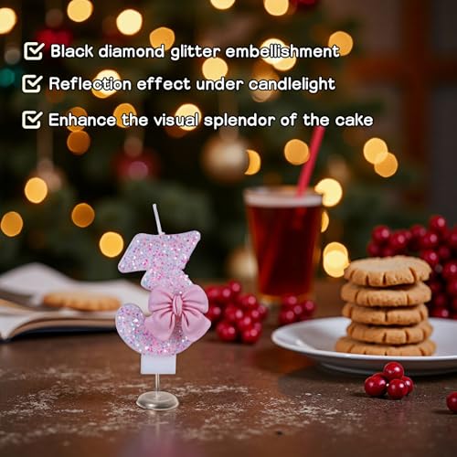 Number 3 Pink Glitter Birthday Candle with Bow - 2.95 Inch Cake Topper