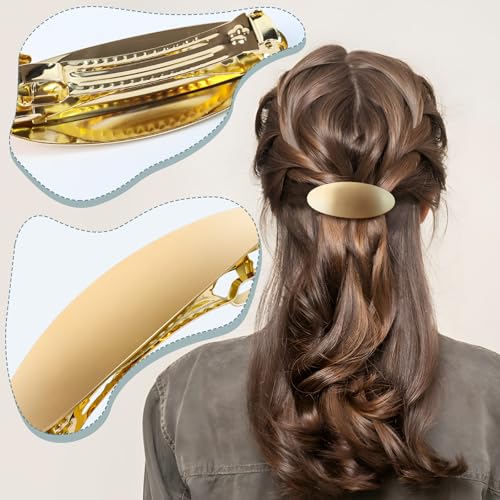 GAQWOK 3-Inch Oval Gold Hair Barrette Vintage Metal Clip for Thick Hair
