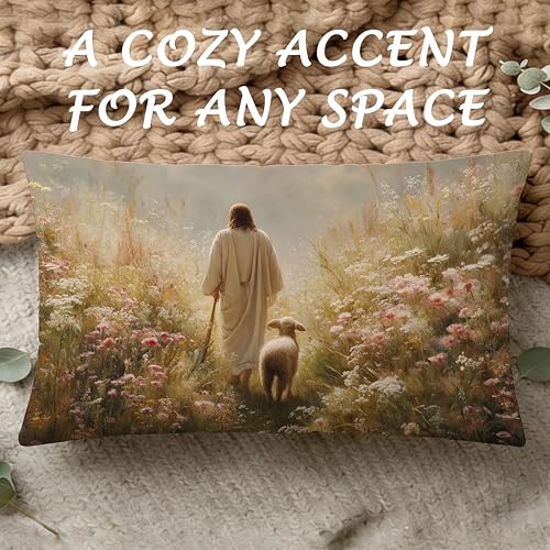 Jesus and Lamb Lumbar Pillow Cover 12x20, Soft Flannel Christian Decor