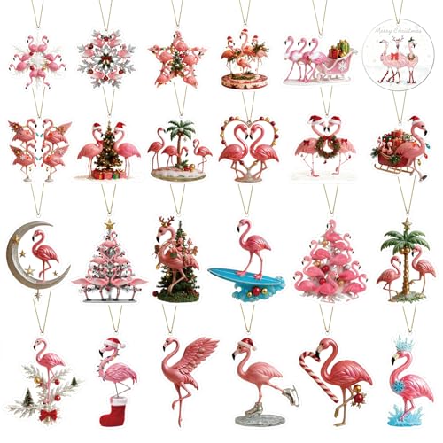 24Pcs Pink Flamingo Christmas Ornaments Acrylic Holiday Decor Set