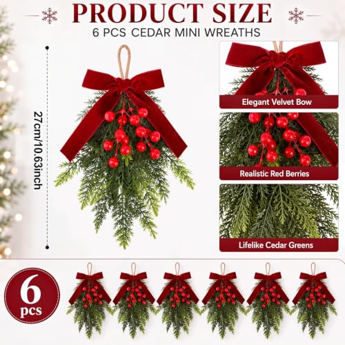 Christmas Mini Cedar Swags with Velvet Bow - Set of 6, 10.6 Inches
