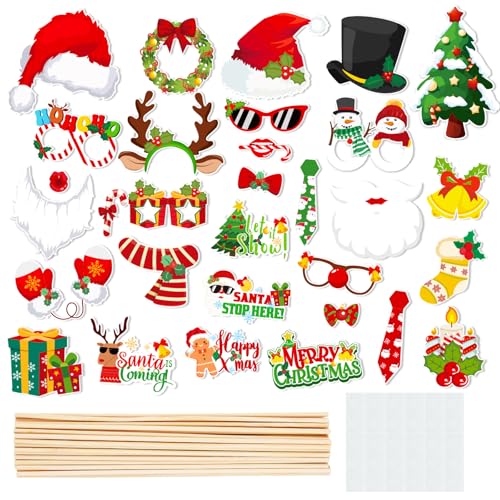 Christmas Photo Booth Props 31-Piece Set with Sticks for Holiday Parties