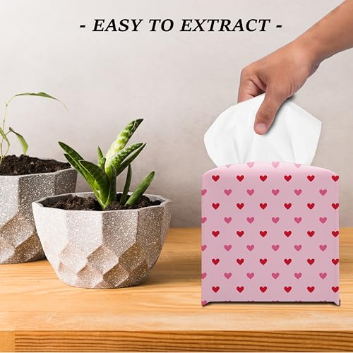 Love Heart Tissue Box Cover - Pink & Red Mini Square Decorative Holder for Bathroom & Bedroom - Free Secure Bottom Closure