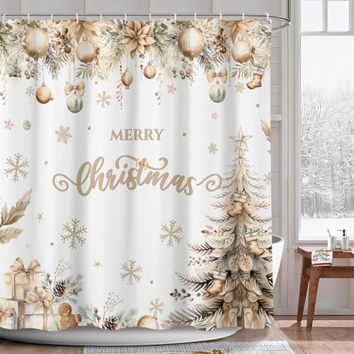 White and Gold Merry Christmas Shower Curtain 72x72 Inch with Hooks