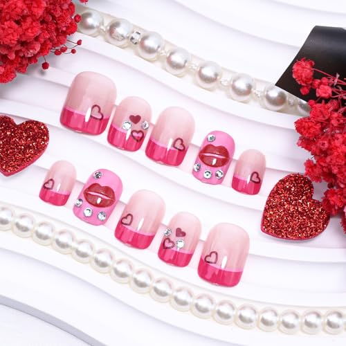 Valentine Press on Nails Short Square Pink Fake Nails with Heart and Lips