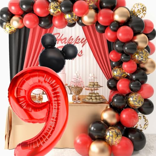 40 Inch Red Number 9 Balloon with Mini Mouse Head for Birthday Decor