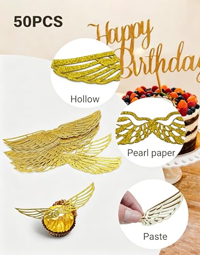Golden Wing Cake Toppers Set - 50 Pcs Elegant Chocolate Decorations